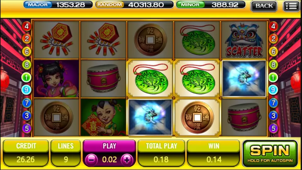 God of Wealth paying 0.14: two jade pendants on reels 3 and 4 and two glowing blue tiles on reels 3 and 5 highlighted, a lion dance SCATTER top of reel 5, firecrackers on reels 1 and 2