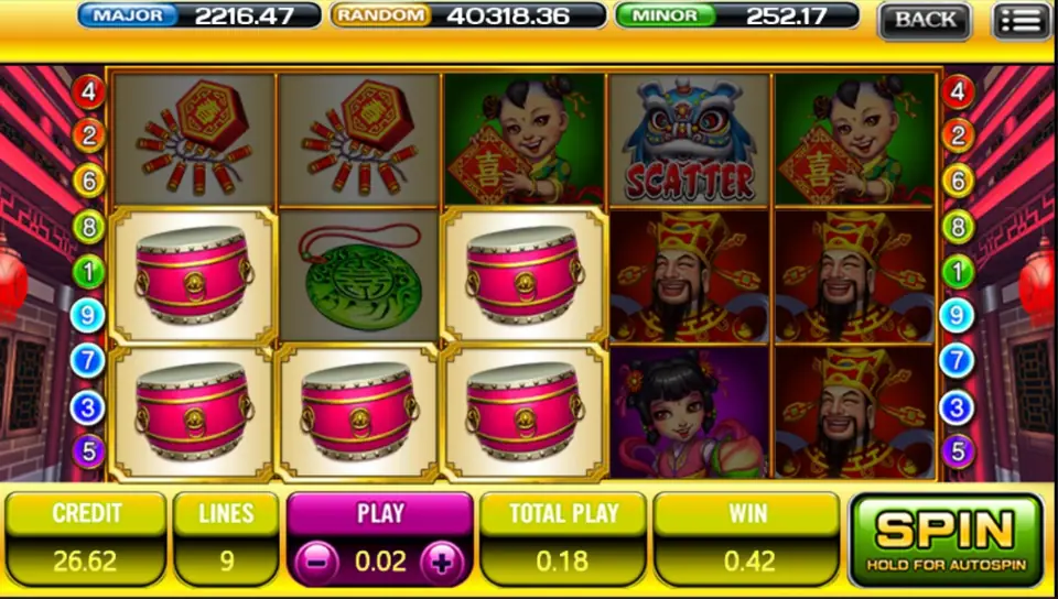 God of Wealth reels with five pink drums lit up on reels 1 to 3, the smiling wealth god on reels 4 and 5, a lion dance head marked SCATTER, firecrackers and a boy holding a red sign, WIN 0.42