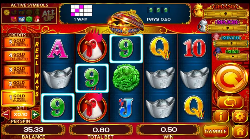 Golden Rooster 88 win: three green 9s outlined on reels 1, 2 and 3, a small way diagram reading 1 WAY and PAYS 0.50 at the top, BALANCE 35.33, TOTAL BET 0.80 and WIN 0.50