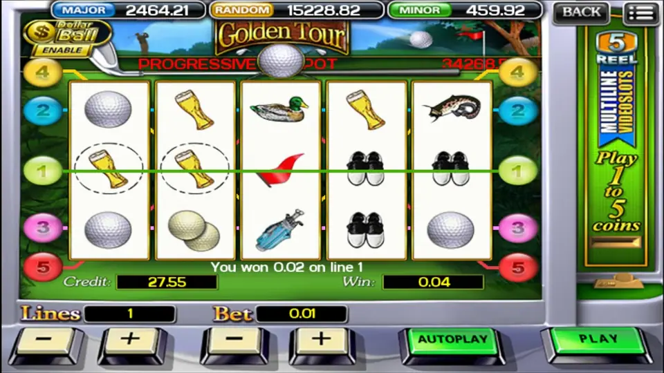 Golden Tour after a small win: two beer glasses circled on line 1 on reels 1 and 2, 'You won 0.02 on line 1', Win 0.04, and PROGRESSIVE JACKPOT on the red marquee above the reels