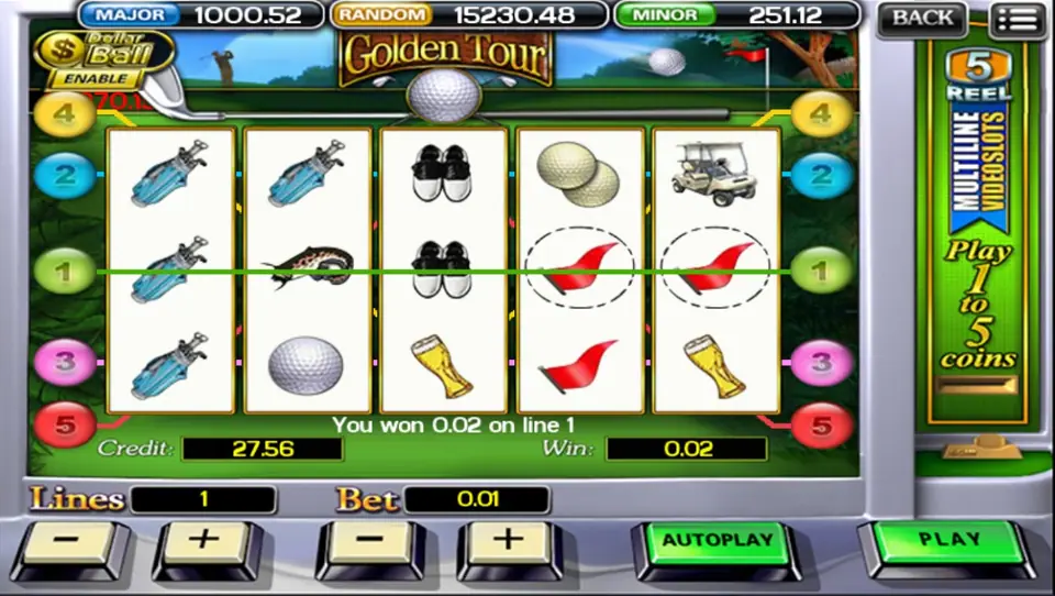 Golden Tour with two red flags circled on line 1 on reels 4 and 5, club bags stacked on reel 1, 'You won 0.02 on line 1' and Credit 27.56
