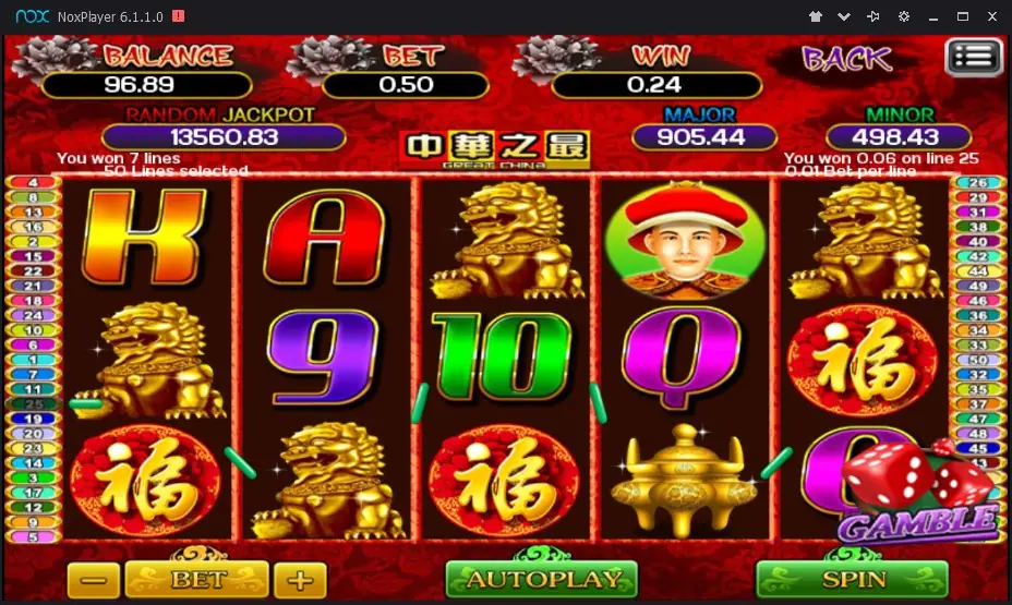 Great China reels with gold foo dogs on reels 1, 2, 3 and 5, a Qing emperor in a red hat on reel 4, Fu discs, a gold censer, K, A, 9, 10 and Q, a GAMBLE dice button, BET 0.50 and WIN 0.24