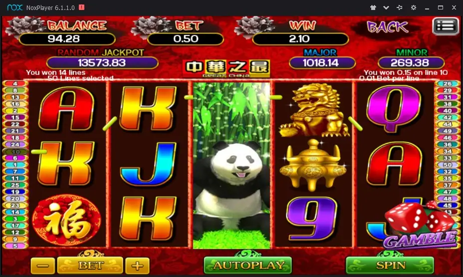 Great China with a panda in a bamboo grove covering all of reel 3, foo dog and censer on reel 4, K, J and A around it, 'You won 14 lines' and WIN 2.10