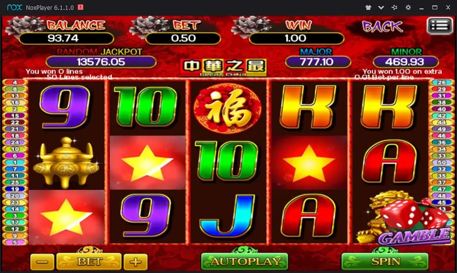 Great China with three red stars on glowing tiles on reels 1, 2 and 4, a message reading 'You won 1.00 on extra', You won 0 lines, and WIN 1.00