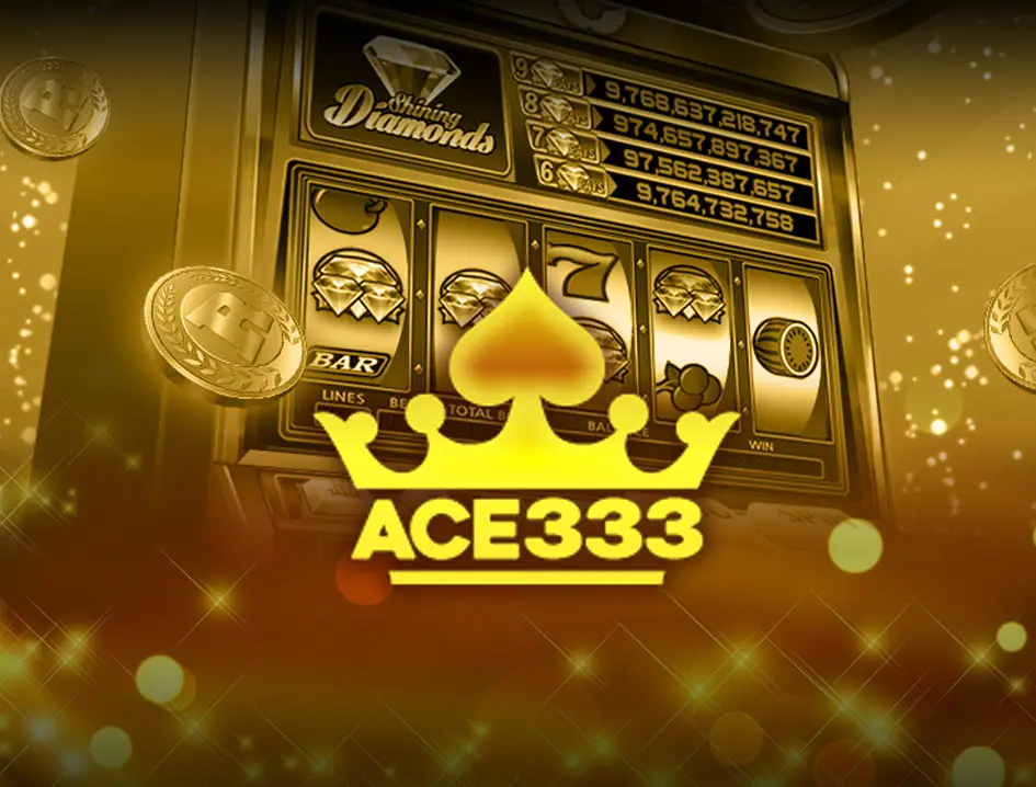 The ACE333 logo, a gold crown over a spade, in front of a gold slot machine showing a Shining Diamonds game with four jackpot rows