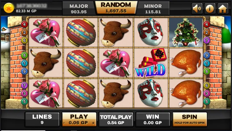 Happy Party reels inside a brick archway: heart with roses, striped lanterns, bull heads, a white mask, a firecracker WILD, a Christmas tree and roast turkeys, with LINES 9 and PLAY 0.06 GP