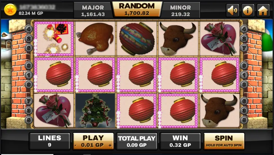 Red lanterns lit up across the middle row and two more on the bottom row, WIN 0.32 GP with PLAY at 0.01 GP