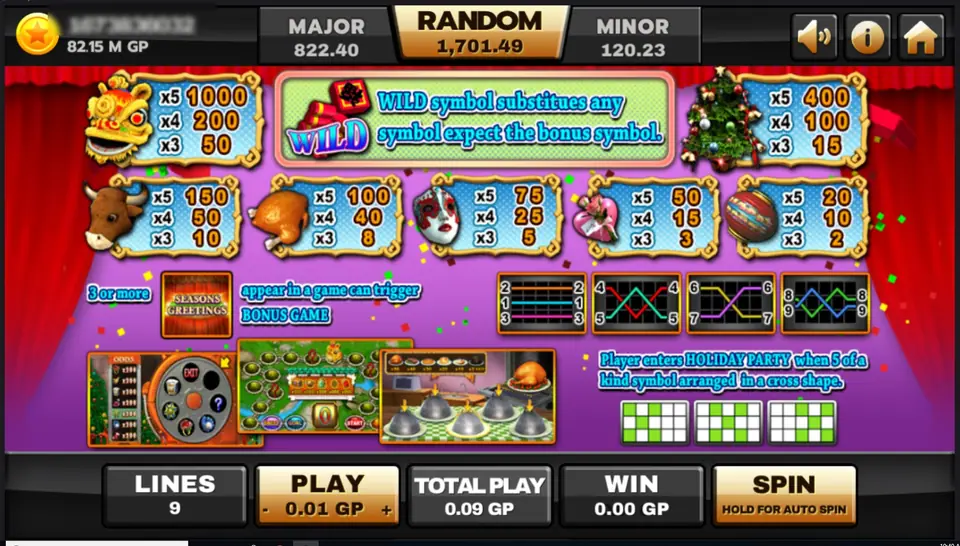 Happy Party paytable: lion dance head paying 1000, 200 and 50, Christmas tree 400, 100 and 15, down to the striped lantern at 20, 10 and 2, with pictures of the bonus rounds along the bottom