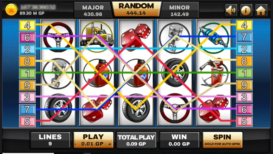 All nine Highway Kings paylines drawn across the reels in different colours, PLAY 0.01 GP and TOTAL PLAY 0.09 GP
