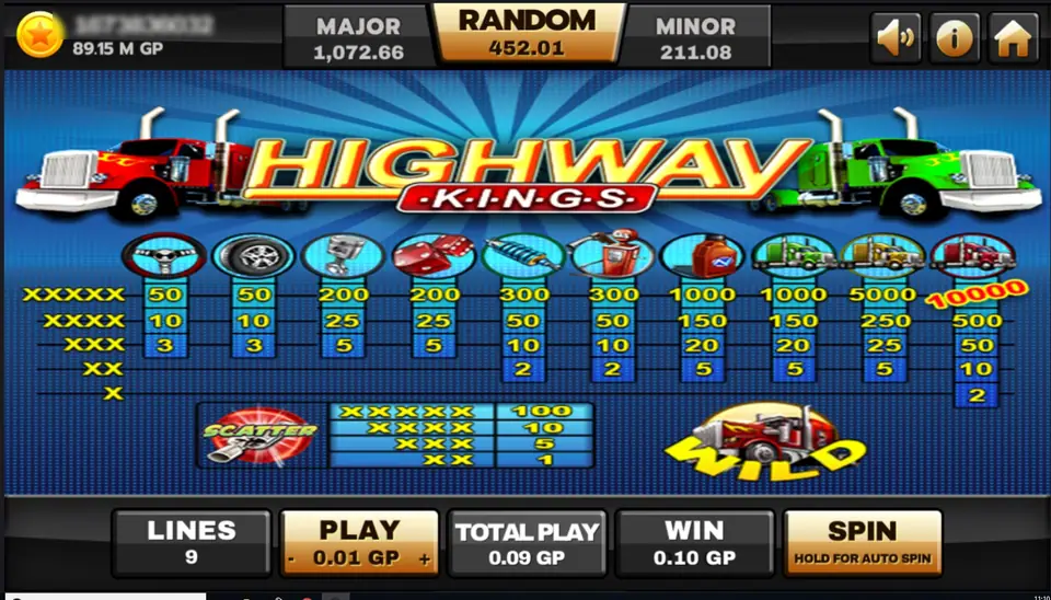 Highway Kings paytable with the red and green trucks either side of the logo, symbol pays from steering wheel at 50 up to the red truck at 10000, a scatter table and the red WILD truck