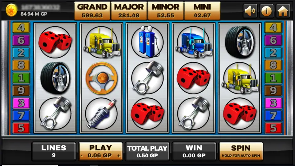 Highway Kings JP reels with red dice, a yellow and a blue truck, a steering wheel, blue fuel pumps, pistons, a spark plug and a tyre, under GRAND 599.63, MAJOR 281.48, MINOR 52.55 and MINI 42.67 boxes