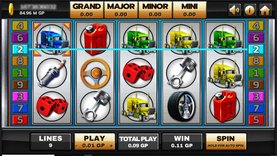 Highway Kings JP with a blue truck, green trucks and a yellow truck across the top row on line 2, WIN 0.11 GP and all four jackpot boxes at 0.00