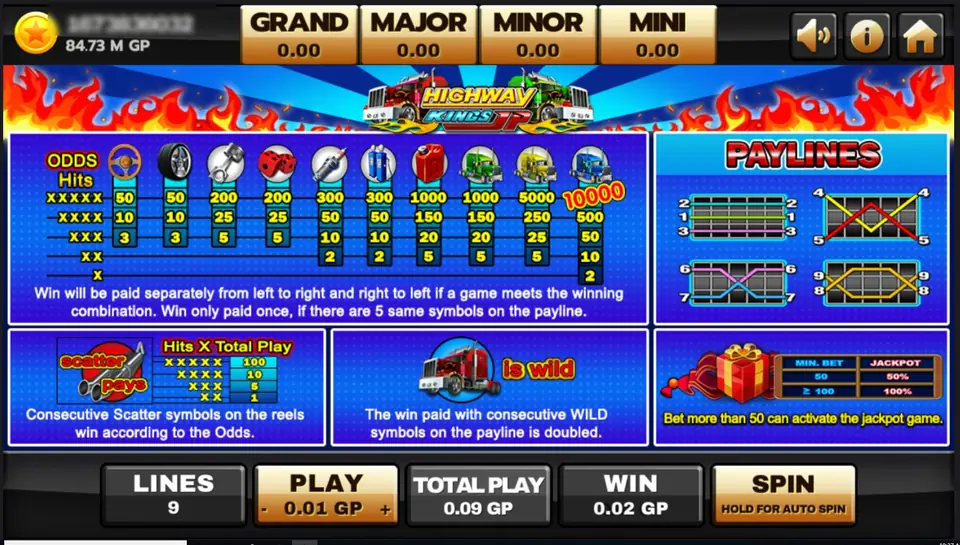 Highway Kings JP info screen: odds table from steering wheel at 50 to the blue truck at 10000, payline diagrams, scatter pays, the red truck marked 'is wild' and a jackpot table with MIN BET 50 at 50% and 100 or more at 100%