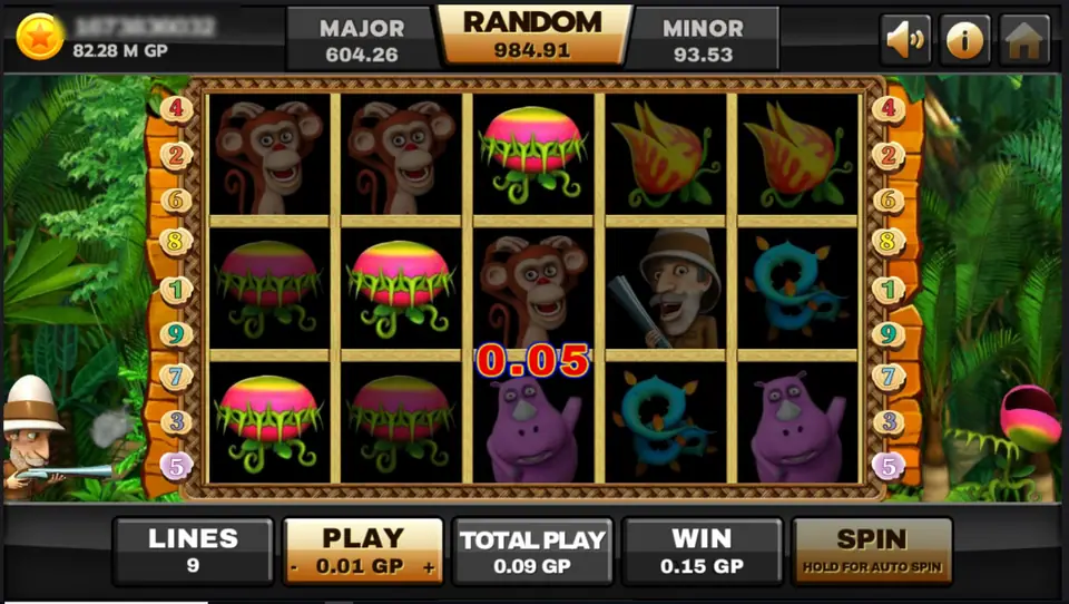 Huga mid-win: monkeys, pink plants and blue vines on the reels, 0.05 floating over reel 3 and WIN 0.15 GP, with the small hunter aiming at a plant outside the reels