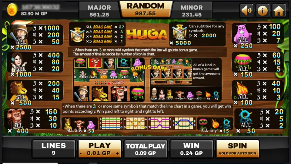 Huga info screen: the hunter paying 1000 for five and x2500 ALL, down to the blue vine at 20 and x50, the wild shield table with ALL x27 bonus games, and bonus game thumbnails
