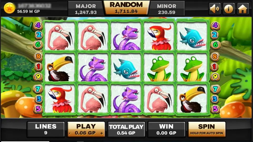 Jungle Island reels framed in green vines: pink flamingos, a purple snake, a red parrot, a blue piranha, a toucan and green frogs, with LINES 9 and PLAY 0.06 GP