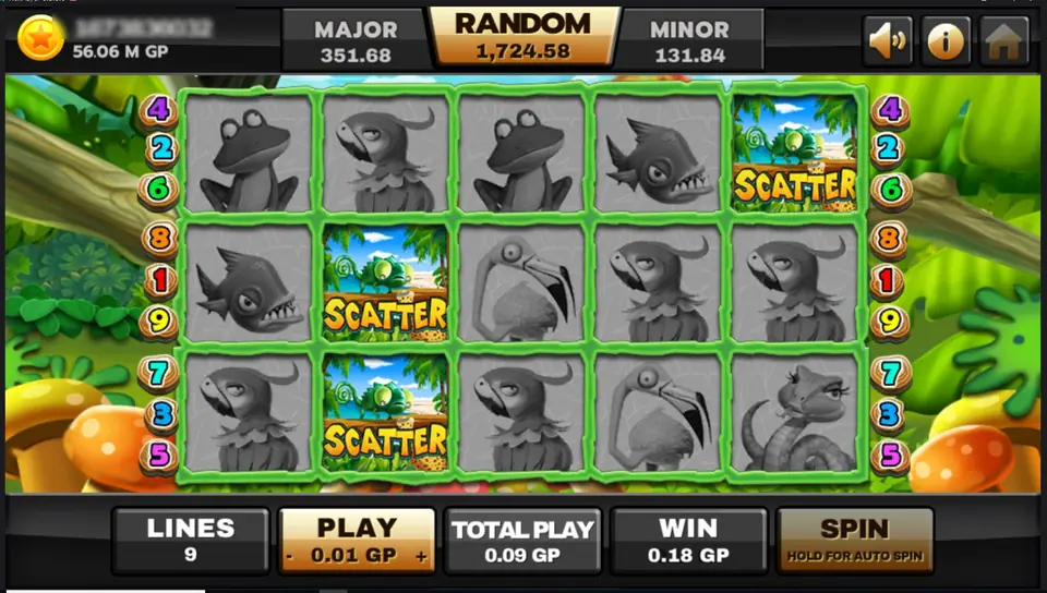 Three SCATTER tiles showing a chameleon on a beach, two on reel 2 and one on reel 5, the rest of the reels greyed out and WIN 0.18 GP