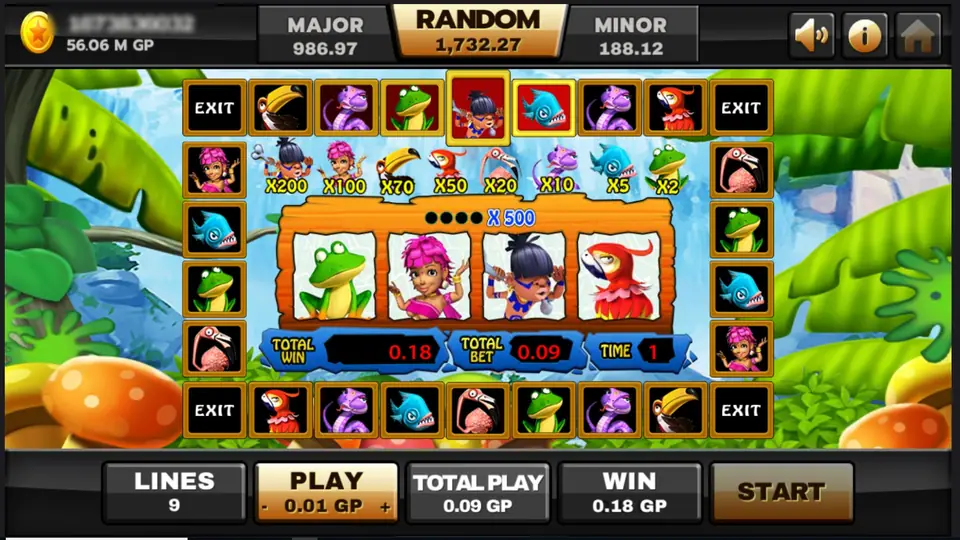 Jungle Island bonus board: a ring of symbol tiles with EXIT in the corners, a multiplier row from x200 down to x2, four reels showing a frog, the cavegirl, the caveboy and a parrot, and boxes for TOTAL WIN 0.18, TOTAL BET 0.09 and TIME 1