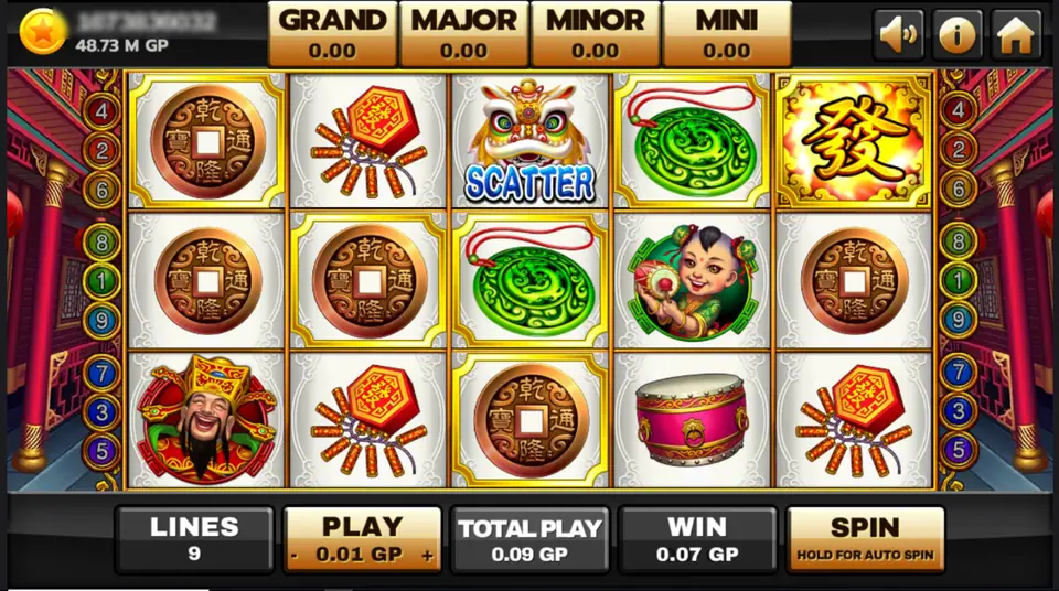 Lucky God 2 reels on white tiles between red temple pillars: copper coins, firecrackers, a lion dance SCATTER, a jade pendant, a gold Fa tile, a child holding a pearl, the God of Fortune and a pink drum, WIN 0.07 GP