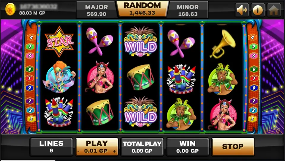Two feathered WILD symbols on reel 3 with maracas, a drum, rockets, a trumpet and dancers around them, SPIN showing STOP