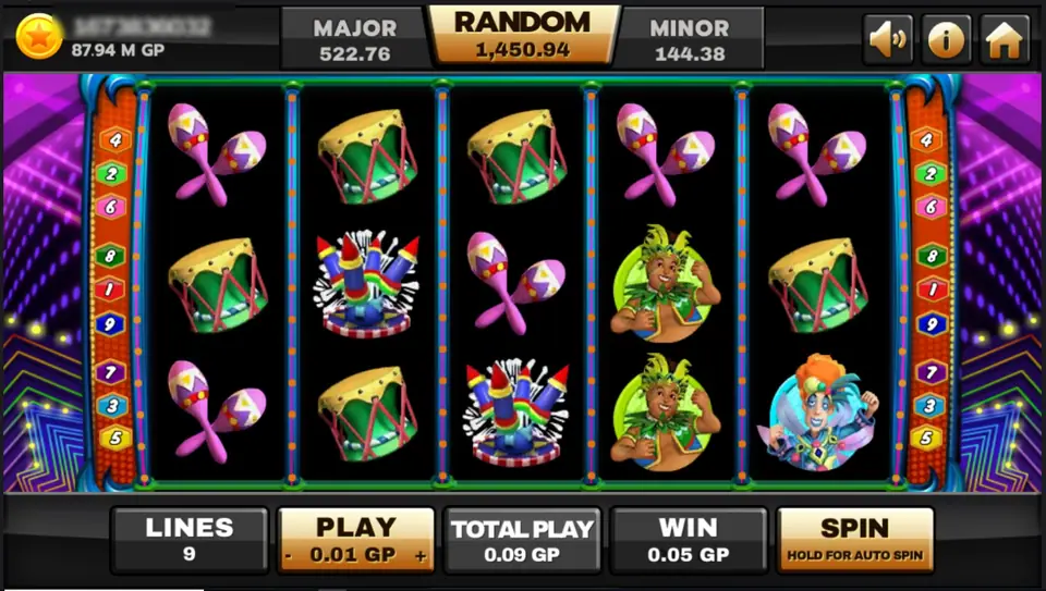 Mamma Mia reels against purple neon: pink maracas, green samba drums, a rocket fireworks stand, a dancer in a green feather headdress and a clown with orange hair, WIN 0.05 GP