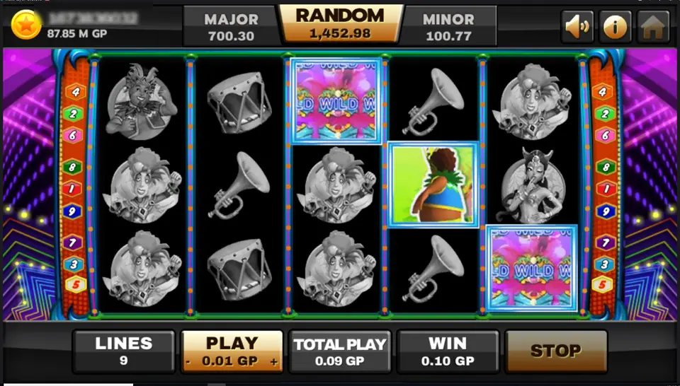 Greyed-out reels with lit tiles on reels 3, 4 and 5: an animated WILD, a dancer and another WILD, WIN 0.10 GP