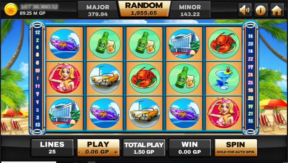Miami reels at the start: a purple yacht, beer bottles with mugs, a hotel, lobsters, a woman in sunglasses, a yellow convertible and a blue cocktail, LINES 25, PLAY 0.06 GP and TOTAL PLAY 1.50 GP