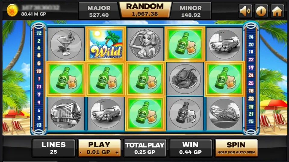 Miami reels on a beach with palm trees and deck chairs: beer bottles and mugs lit up on reels 1 to 5, a palm-tree sunset Wild on reel 2, the rest greyed out, WIN 0.44 GP on LINES 25