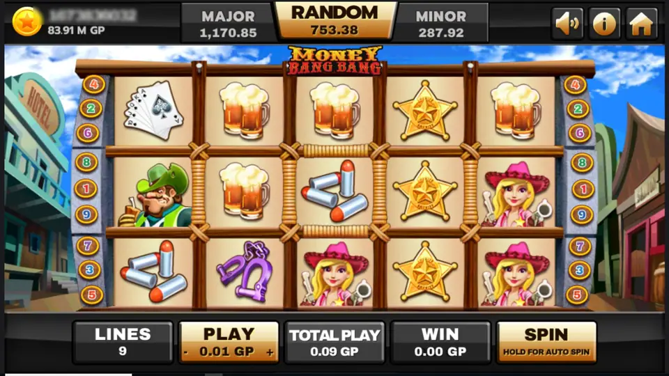 Money Bang Bang reels on a wooden frame in a western street: playing cards, beer mugs, a sheriff star, bullets, handcuffs, a green-hatted bandit and a cowgirl in a pink hat, with LINES 9 and PLAY 0.01 GP