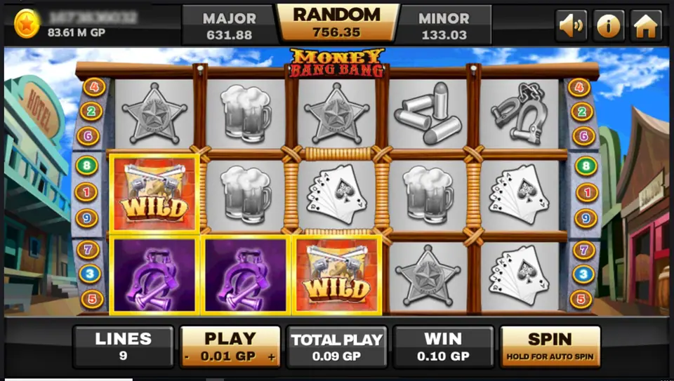 Two purple handcuffs and a revolver WILD lit on the bottom row, another WILD on reel 1, the rest of the reels greyed out, WIN 0.10 GP