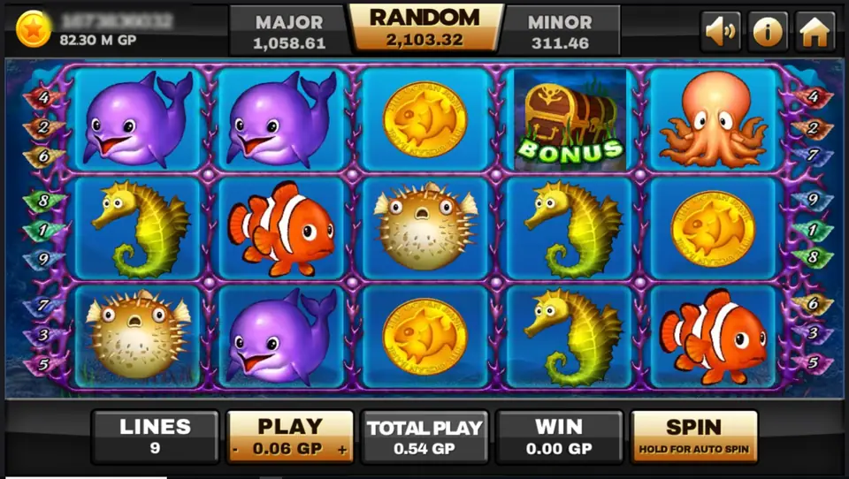 Ocean Paradise reels in a purple coral frame: two purple dolphins, gold fish coins, a treasure chest BONUS symbol, an orange octopus, seahorses, clownfish and a pufferfish, PLAY 0.06 GP