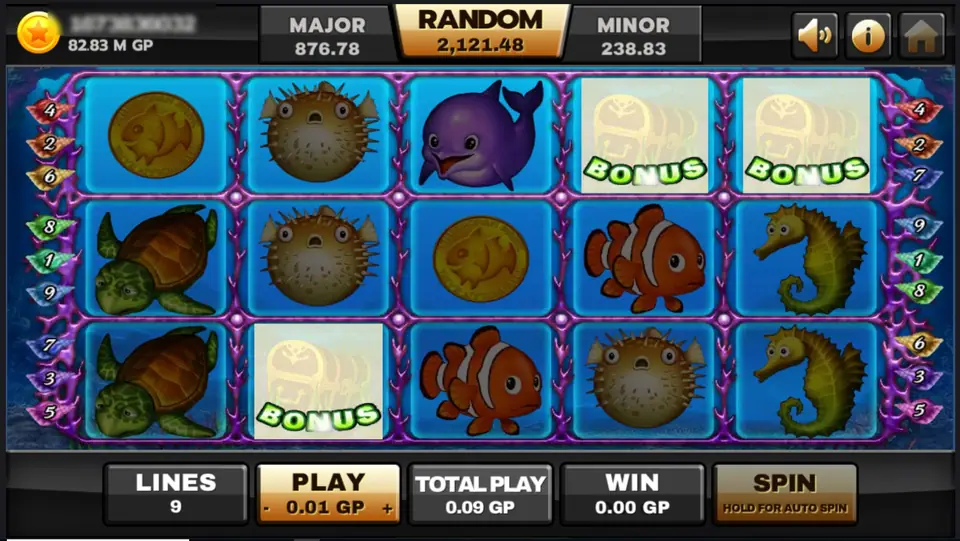 Three pale BONUS chest tiles on reels 2, 4 and 5 among turtles, pufferfish, clownfish and seahorses, SPIN greyed out and WIN 0.00 GP