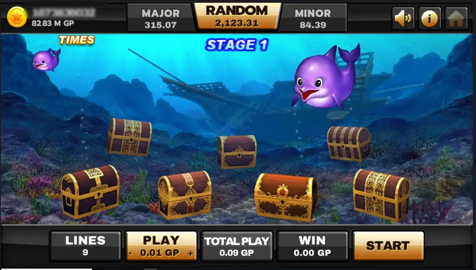 Bonus screen with STAGE 1 at the top, a small dolphin next to TIMES in the corner, a big purple dolphin by a sunken ship and eight treasure chests on the seabed, START in place of SPIN