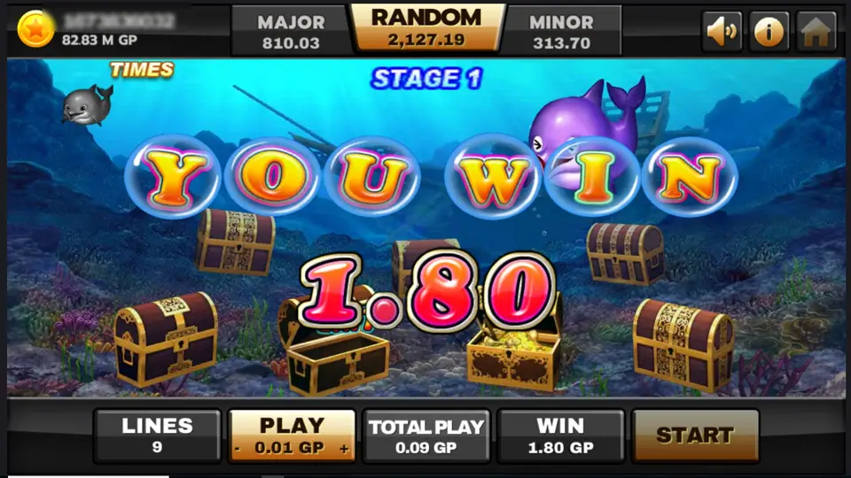 YOU WIN spelled in bubbles over the chest screen, 1.80 in large pink numbers, one chest open and empty and one open and full of gold, WIN 1.80 GP