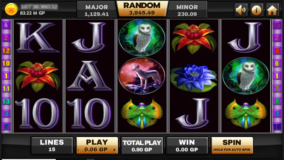Panther Moon reels on dark violet: silver card letters, an owl in a green circle, a red lily, a blue lotus, a wolf under a red moon and a green moth, LINES 15 and PLAY 0.06 GP