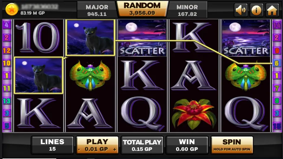 Two black panthers on reels 1 and 2 along line 6, two moon scatters on reels 3 and 5, WIN 0.60 GP