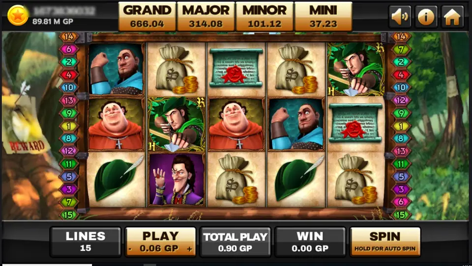 Robin Hood reels in a forest frame with a REWARD poster on the left: Little John, money bags, a sealed scroll, Robin with a bow, Friar Tuck, a green feathered hat and the Sheriff, under GRAND 666.04, MAJOR 314.08, MINOR 101.12 and MINI 37.23