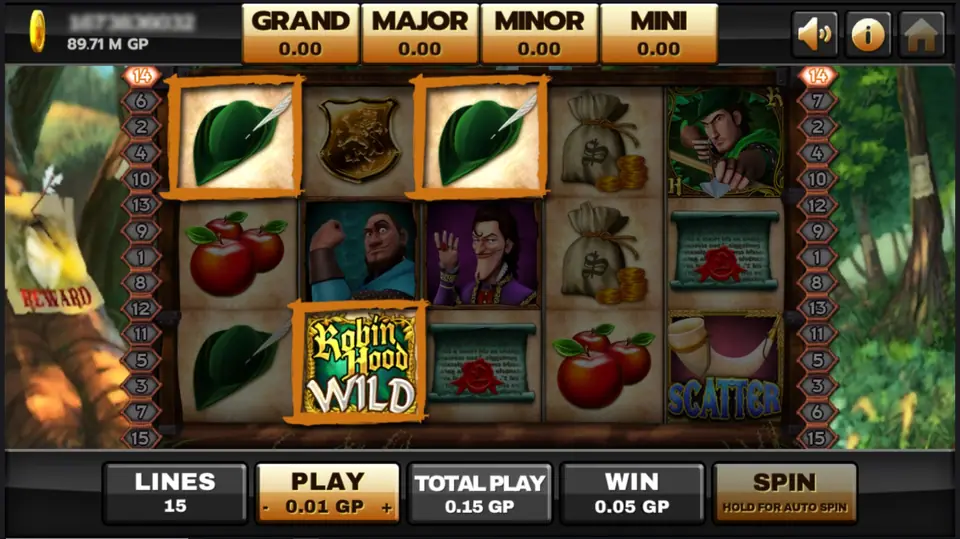 A Robin Hood WILD logo on reel 2, two green feathered hats highlighted on the top row, and a drinking horn marked SCATTER on reel 5, WIN 0.05 GP with all four jackpot boxes at 0.00