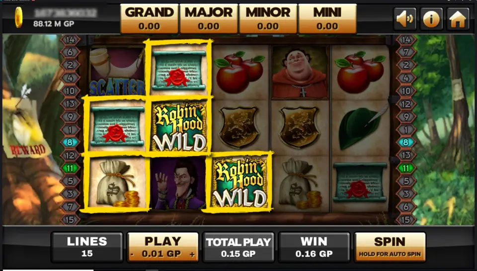Two Robin Hood WILD tiles on reels 2 and 3 joining sealed scrolls and a money bag in highlighted wins, a SCATTER top-left, WIN 0.16 GP