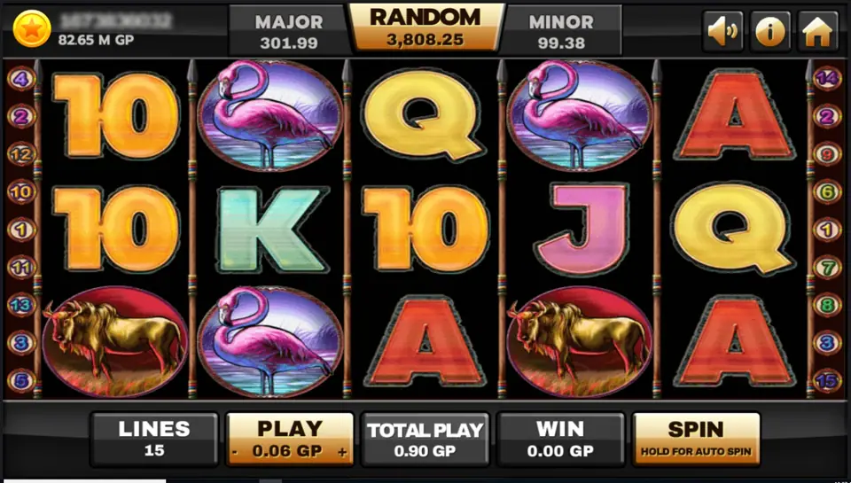 Safari Heat on Joker123: flamingos on reels 2 and 4, wildebeest on reels 1 and 4, gold and red card symbols, numbered line tabs on both sides, and a bet bar with LINES 15, PLAY 0.06 GP and TOTAL PLAY 0.90 GP under MAJOR, RANDOM and MINOR jackpot boxes