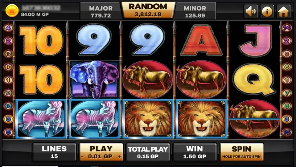 Two zebras and two lion wilds lit up across the bottom row, a blue elephant and wildebeest above, WIN 1.50 GP at 0.01 GP a line