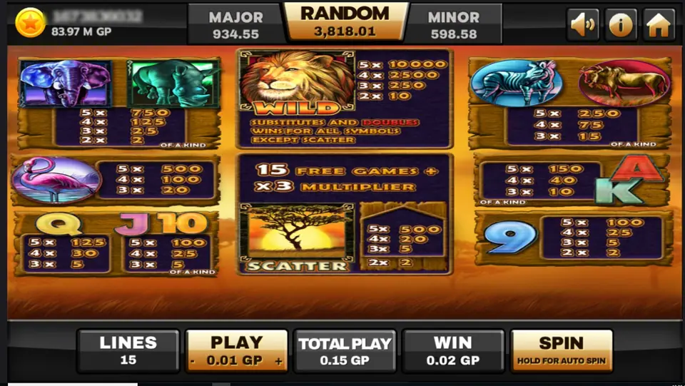 Safari Heat paytable: the lion WILD paying 10000, 2500, 250 and 10, elephant and rhino 750 for five, flamingo 500, zebra and wildebeest 250, card symbols 100 to 150, and a sunset SCATTER panel with 15 FREE GAMES + x3 MULTIPLIER