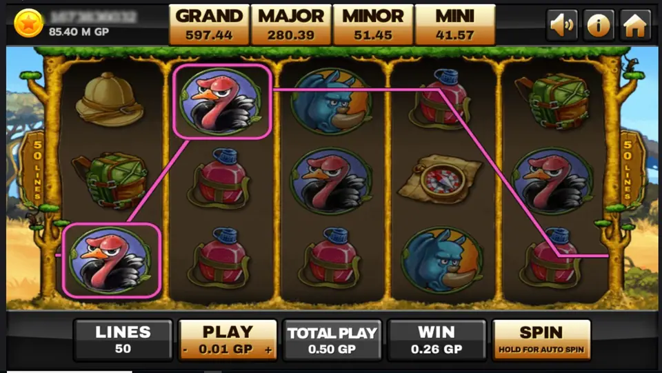 Two ostriches on reels 1 and 2 joined by a pink line, with more ostriches, water canteens and a blue rhino on the other reels, WIN 0.26 GP