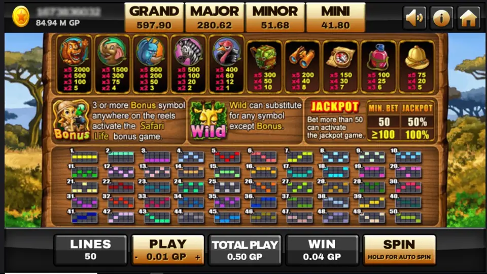 Safari Life info screen: ten symbols with their pays from the lion at 2000 for five to the pith helmet at 75, a Bonus panel, a giraffe Wild panel, a JACKPOT table with MIN. BET 50 for 50% and 100 or more for 100%, and diagrams of all 50 lines