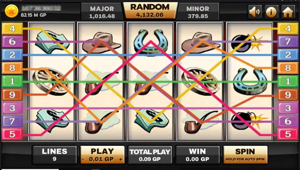 All nine Silver Bullet lines drawn over the reels in different colours, with numbered tabs 4, 6, 2, 8, 1, 9, 3, 7, 5 on the left and banknotes, hats, horseshoes, pipes, wheels and bombs underneath