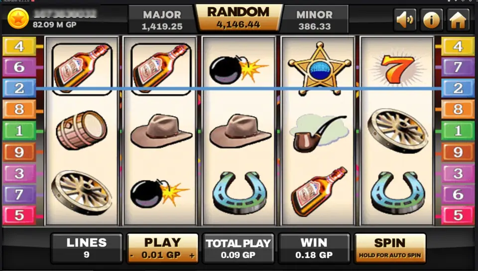 Silver Bullet on Joker123: two whisky bottles framed on the top row with a blue win line, a sheriff star on reel 4, a red 7, a barrel, cowboy hats, a pipe, wagon wheels, a bomb and horseshoes, with LINES 9, PLAY 0.01 GP and WIN 0.18 GP
