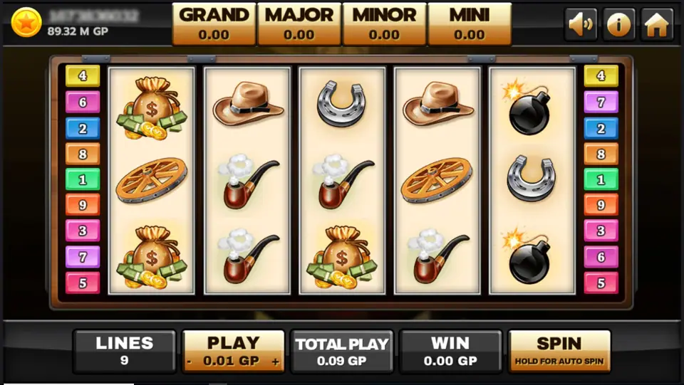 Silver Bullet Progressive on Joker123: money bags, cowboy hats, a horseshoe, wagon wheels, smoking pipes and black bombs on cream reels, coloured line tabs 1 to 9 on both sides, GRAND, MAJOR, MINOR and MINI boxes all at 0.00, LINES 9 and PLAY 0.01 GP