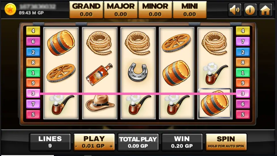 A pink line across the bottom row of pipes, a cowboy hat and more pipes with an oak barrel framed on reel 5, rope coils and a wagon wheel above, WIN 0.20 GP at 0.09 GP a spin