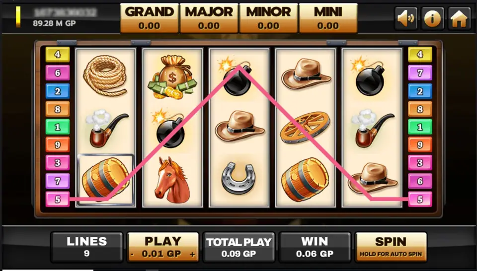 A pink V-shaped line from a framed barrel on reel 1 up to a bomb on reel 3 and down to a cowboy hat on reel 5, with a money bag, a horse head and a horseshoe around it, WIN 0.06 GP