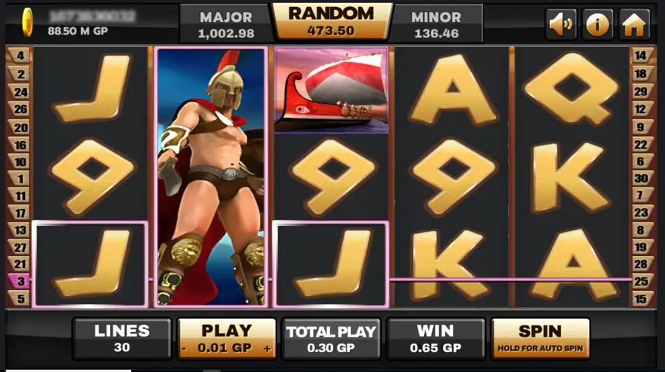 The Spartan warrior covering all of reel 2, gold J symbols on reels 1 and 3 joined by a pink line, a war galley on reel 3 and WIN 0.65 GP